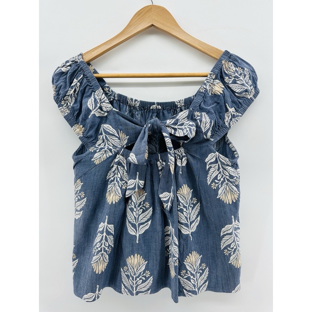 Boho Peasant Top Blue Leaf Print Milkmaid Babydoll Tie Back Cottagecore DD45